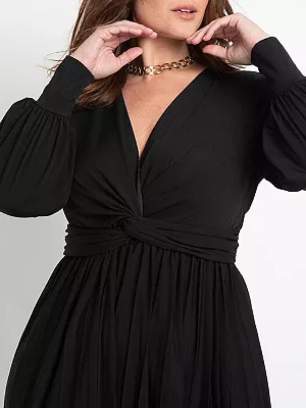ELOQUII Plus Size Knot Front Pleated Skirt Dress Black 16 - Picture 2 of 11